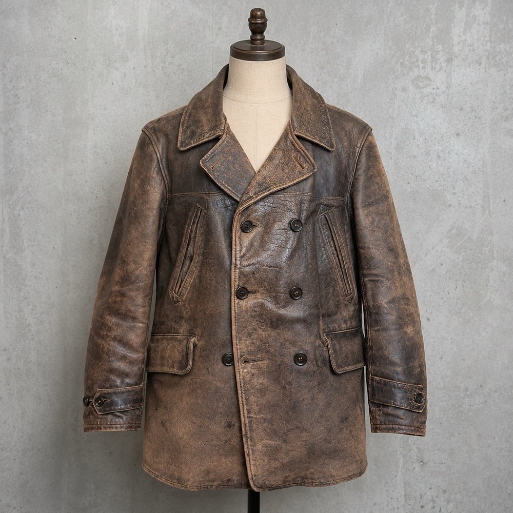 Vintage 30s 40s Horsehide Leather Double Breasted Half Coat Jacket XL 23x29.5